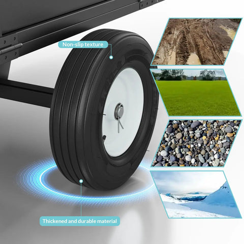 Close-up of wheel on Heavy Duty 750 Lb Capacity Steel Dump Cart Trailer For ATV And UTV, showcasing traction and durability on terrains.