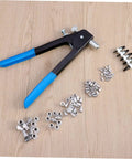 Top Notch 86 Piece Heavy Duty Rivet Nut Kit With M5 M7 M8 Threaded Inserts Perfect For Steel Metal Work, Duct Repair, And Awesome DIY Projects Comes In Sturdy Storage Case For Pros and Amateurs. Heavy-duty rivet nut tool with M5 M7 M8 inserts and aluminum parts on wood floor