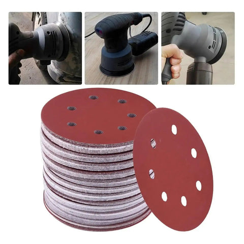 Super Smooth Results With 200 Pcs Of 5 Inch Sanding Discs Featuring Hook Loop Backing And Dust Vent Holes For Orbital Sanders In 40 To 180 Grit Sizes Ready For Any DIY Project Today stacked sanding discs with dust holes and orbital sanders in use