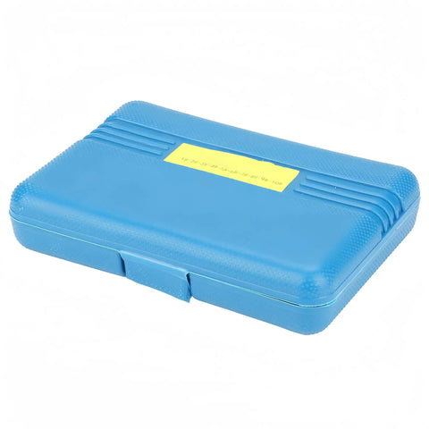 Blue storage box of 10 Piece Screw Tap Extractor Set For Removing Broken, Stripped, And Damaged Screws And Bolts