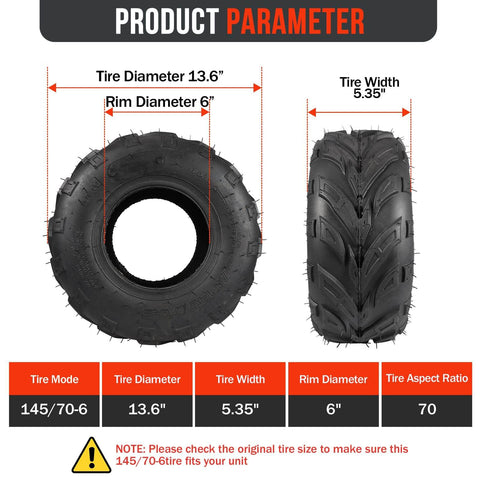 Front and side view of Size 145 70 6 Mini Bike Tubeless Tires Replacement For ATVs Go Karts Lawn Mowers And Golf Carts Wide Compatibility