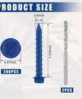 200-Piece Pro Grade Heavy Duty Set Of 1/4 By 1-3/4 Inch Hex Head Concrete Screws With Two 3/16 Inch Drill Bits Blue Slotted