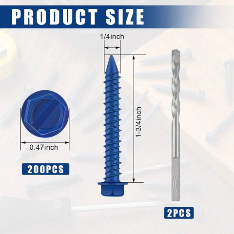 200-Piece Pro Grade Heavy Duty Set Of 1/4 By 1-3/4 Inch Hex Head Concrete Screws With Two 3/16 Inch Drill Bits Blue Slotted