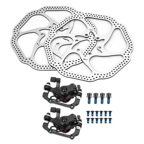 Premium Mechanical Disc Brake Kit For Mountain Bikes Featuring Front And Rear 160Mm Rotors With Super Grippy Pads, includes 2 calipers.
