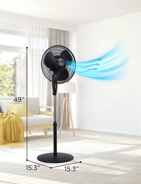 16 Inch Stand Fan With Pedestal Base Height Adjustable Remote Control Touch Panel Free Standing 90 Degree Oscillation And 3 Speed Settings Quiet Powerful Cooling For Bedrooms Offices Garages Dorms in a living room environment