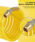 Close-up of Heavy Duty Coiled Air Compressor Hose 1/4 Inch X 25 Foot Lightweight Nylon Design With Brass Fittings.