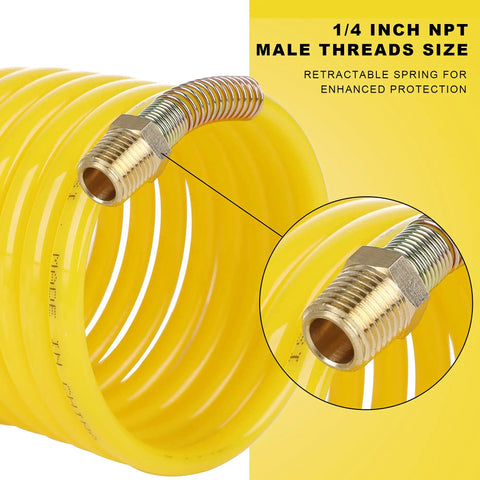 Close-up of Heavy Duty Coiled Air Compressor Hose 1/4 Inch X 25 Foot Lightweight Nylon Design With Brass Fittings.