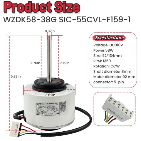 Replacement Inverter Brushless DC Motor For Midea Air Conditioners 310V 58W 1350 RPM CCW Indoor Unit Fan Motor dimensions