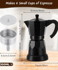 6 Cup Electric Moka Pot Espresso Maker 300ml Portable Aluminum Coffee Brewer with detachable base, dimensions labeled
