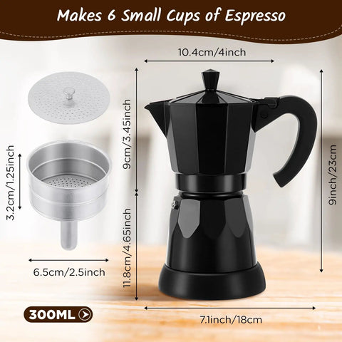 6 Cup Electric Moka Pot Espresso Maker 300ml Portable Aluminum Coffee Brewer with detachable base, dimensions labeled