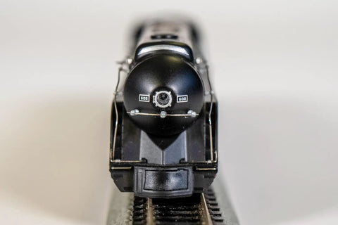 Front view of Norfolk And Western Class J 4 8 4 Steam Locomotive With DCC Sound Value Equipped N Scale Model 602 on track.