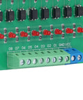 Close-up of Eight Channel Optical Isolation Module For 24V To 5V Level Conversion With NPN Output PLC Signal Converter Board showing terminal block and LEDs