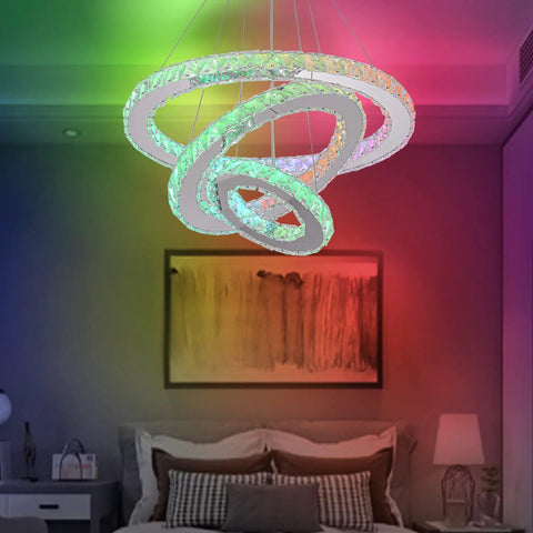 Color Changing Crystal Ring LED Pendant Chandelier With Remote Dimmer Rainbow RGB Lighting Adjustable Stainless Steel Fixture