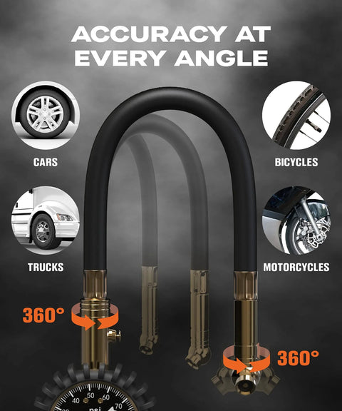 Vondior tire pressure gauge by Amazon with black U-shaped hose and brass end fittings.