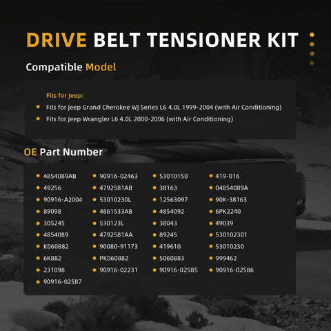 Top Rated Serpentine Belt Tensioner Idler Pulley Kit For Jeep Grand Cherokee And Wrangler 4.0L L6 Engine With Ac From 1999 To 2006 Durable Replacement Gonna Keep Your Ride Smooth Without Any Hissy Fits Or Squealing Noises On The Road. compatible models and OE part numbers