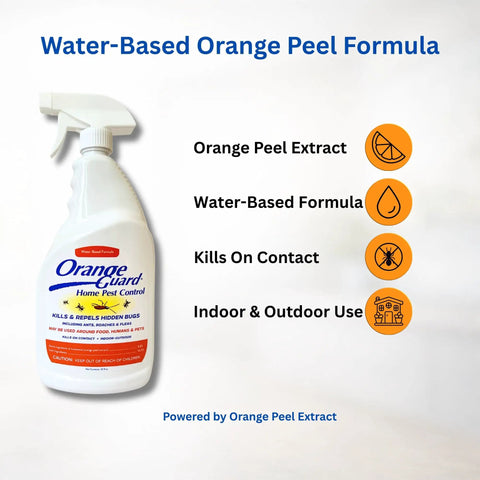 All Natural D Limonene Go To Pest Control Spray With Orange Peel Oil 32oz bottle showing features like kills on contact, indoor and outdoor use
