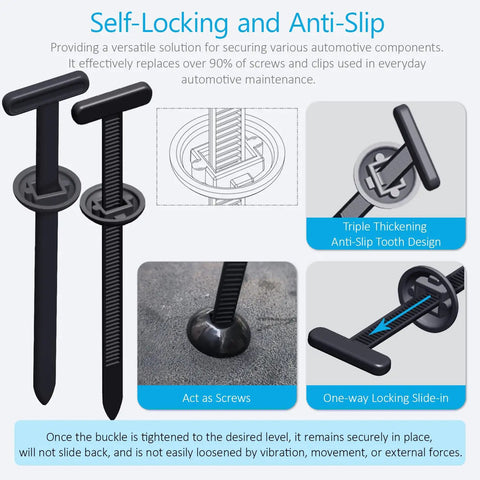 Diagram showing 2026 Upgraded Nylon Universal Cable Tie Buckle Heavy Duty Self Locking Zip Ties For Car Repair Home Office Garden And Workshop Multipurpose Fastening Straps Set Of 30, with anti-slip design and installation illustrations.
