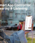 Close-up of a smartphone displaying app for controlling F1P Bluetooth OTC Hearing Aids For Seniors And Adults With Hearing Loss Featuring AI Voice Enhancement, Noise Reduction, Personal Sound App, Invisible Rechargeable Design, 30 Hour Battery, Crystal Clear Chats For TV And Everyday Listening.
