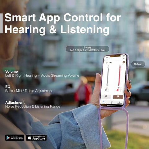 Close-up of a smartphone displaying app for controlling F1P Bluetooth OTC Hearing Aids For Seniors And Adults With Hearing Loss Featuring AI Voice Enhancement, Noise Reduction, Personal Sound App, Invisible Rechargeable Design, 30 Hour Battery, Crystal Clear Chats For TV And Everyday Listening.