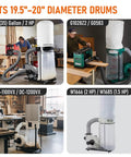 Various dust collectors fitted with Thickened Dust Collector Bags 31x43 Inch 6 Mil Clear Plastic, 6 Pack for Large 70 Gallon Dust Collectors
