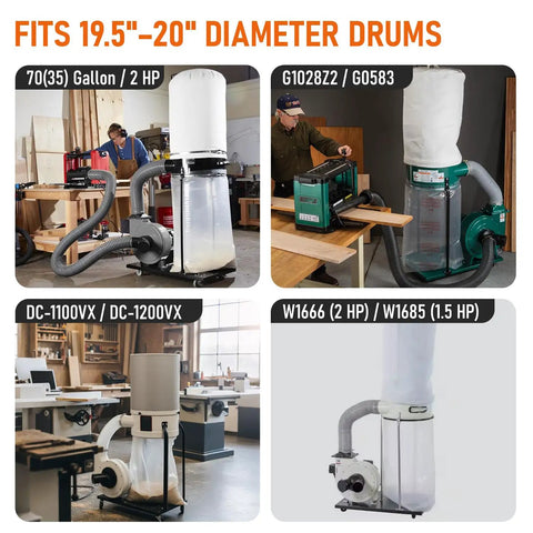 Various dust collectors fitted with Thickened Dust Collector Bags 31x43 Inch 6 Mil Clear Plastic, 6 Pack for Large 70 Gallon Dust Collectors