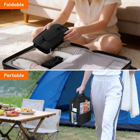 Quick Dry Mesh Shower Caddy for dorms, gym, travel and camping shown folded for packing and being carried at a campsite.