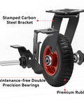 Close-up of 8 inch heavy duty rubber caster with carbon steel bracket and double precision bearings for industrial carts.
