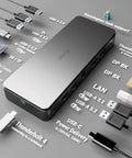 Thunderbolt 4 Docking Station delivers smooth dual 4K 8K display setup with multiple ports and cables shown.
