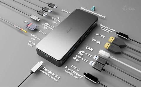 Thunderbolt 4 Docking Station delivers smooth dual 4K 8K display setup with multiple ports and cables shown.