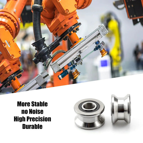 Robotic arm with Five Pack Deep T Groove Bearing With Flat Bottom In Stainless Steel Workhorse Pulley Wheel Bearings for automation.