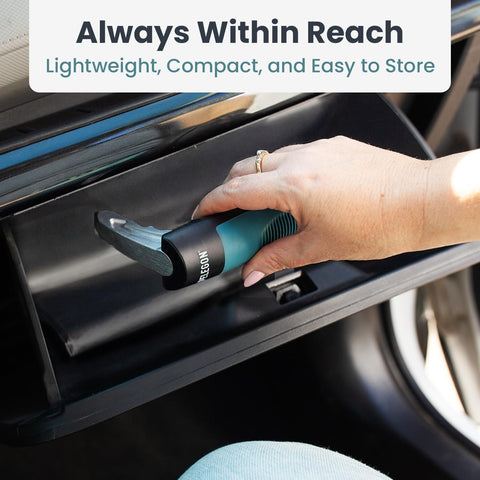 Hand placing Car Door Handle For Elderly 2 Pack With Anti Slip Grip And Steel Hook inside car storage compartment.