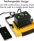 JUDYSSY Led Floodlight 500W 5000Lm Rechargeable Led Work Light showing USB mobile power bank design and phone charging.