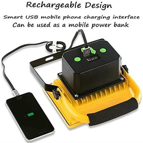 JUDYSSY Led Floodlight 500W 5000Lm Rechargeable Led Work Light showing USB mobile power bank design and phone charging.