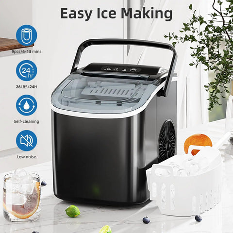 Portable Countertop Ice Maker With Carry Handle For Home Office And Parties, Produces About 26 Lbs Of Ice Per Day, Black