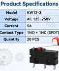 20 Pack KW12-3 Micro Limit Switches With Roller Lever Arm SPDT Snap Action 250V 5A AC Tiny Switches For 3D Printers CNC Machines And DIY Electronics Projects, product specs and switch close-up