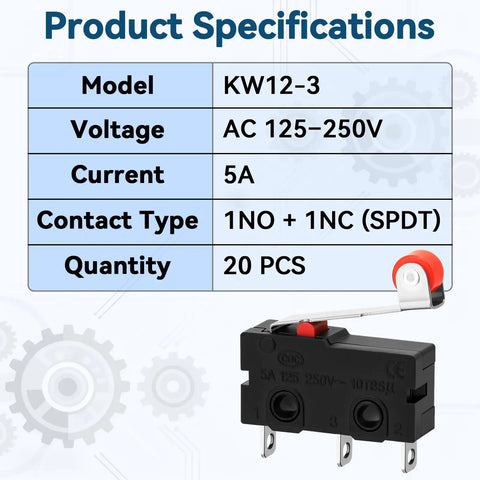 20 Pack KW12-3 Micro Limit Switches With Roller Lever Arm SPDT Snap Action 250V 5A AC Tiny Switches For 3D Printers CNC Machines And DIY Electronics Projects, product specs and switch close-up