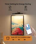 No Fuss Rechargeable Picture Light With Smooth Dimming And High CRI 95 Rating casting glow on artwork, with remote and timer settings.
