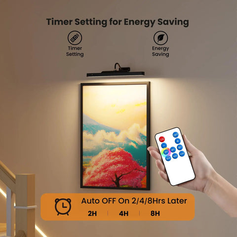 No Fuss Rechargeable Picture Light With Smooth Dimming And High CRI 95 Rating casting glow on artwork, with remote and timer settings.