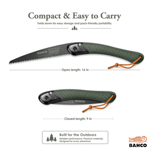 7.5 Inch Folding Saw For Bushcraft, Camping, And Trail Maintenance, open and closed views, rust protected blade, ergonomic grip.