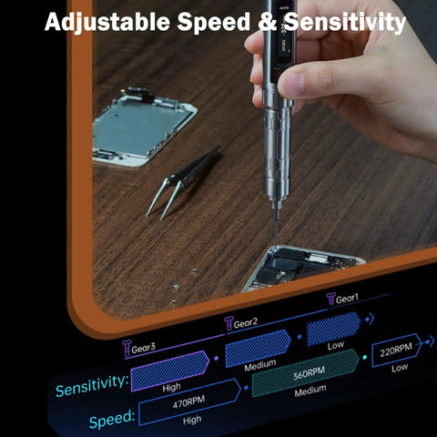 Using ES15 Mini Electric Screwdriver With Rechargeable Battery, Cordless Precision Screwdriver Set on electronics with OLED display.