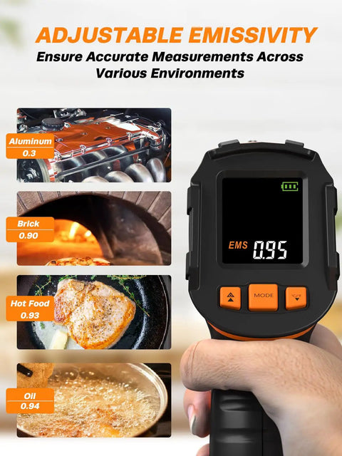 Infrared Thermometer Gun With Adjustable Emissivity And Long Meat Probe, Pro-Grade Tool, display showing emissivity settings