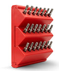 Side view of red 1/4 Inch Hex Bit Organizer With 21 Hole Drill Bit Holder, 45 Degree Angled Interlocking Modular Storage For Pegboard Or Wall Mount.