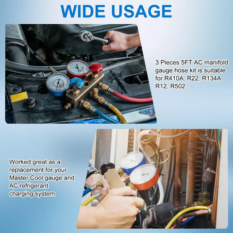 Three Piece 5 Foot AC Manifold Gauge Hose Kit For R404A R12 R502 Refrigerants, 1/4 SAE Charging Hoses