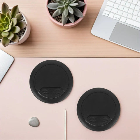 Dope 20Pc Black Desk Cable Wire Grommet Kit For Office And Home That Slaps Hard With Simple Installation To Keep Your Cables Organized And Outta Sight While Rocking A Tough Abs Plastic Round Hole Cover Design. black ABS desk cable grommet cover on pink workspace