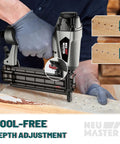Top Shelf 18 Gauge Brad Nailer Pneumatic Nail Gun Complete Carpenter Kit showing tool-free depth adjustment feature on wood.