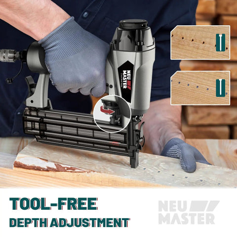 Top Shelf 18 Gauge Brad Nailer Pneumatic Nail Gun Complete Carpenter Kit showing tool-free depth adjustment feature on wood.