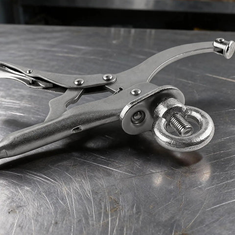 Bulletproof 9 Inch Drill Press Locking Clamp With Killer Jaw Tension for secure holding on workpieces, close-up view.