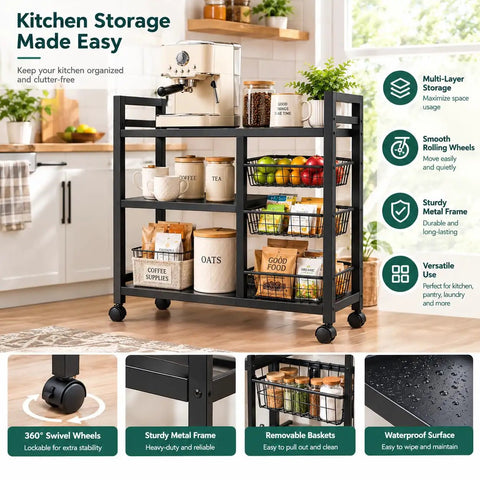 Portable Storage Rack With 4 Tier Shelving And 3 Side Wire Baskets A Real Deal Heavy Duty Cart That Delivers Big Time For Hassle Free Garage Pantry Organization Setups featuring a sturdy metal frame and smooth rolling wheels.