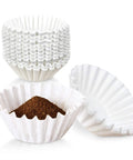 Large 8 To 10 Cup Coffee Filters Decanter Style White Disposable Eco Friendly Commercial Paper Basket Perfect For Home Cafes Restaurants And Offices Use In Most Decanter Brewers, showing stack and filled filter.