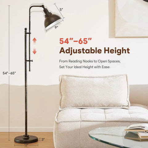 Tall Industrial Floor Lamp With Adjustable Height And Head in living room next to sofa, showcasing 54"-65" adjustable height feature